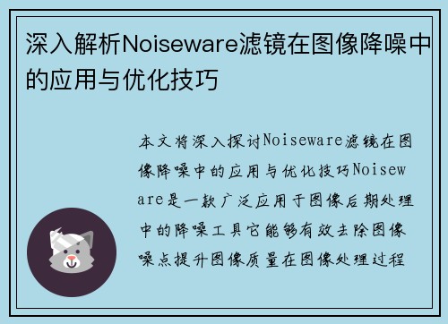 深入解析Noiseware滤镜在图像降噪中的应用与优化技巧