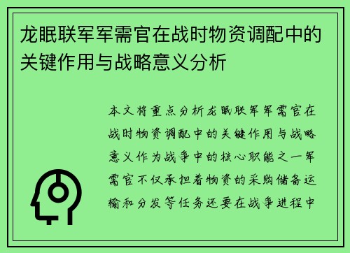 龙眠联军军需官在战时物资调配中的关键作用与战略意义分析